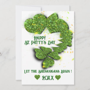 Happy St Patty, Green Shamrocks sparkling hearts Invitation