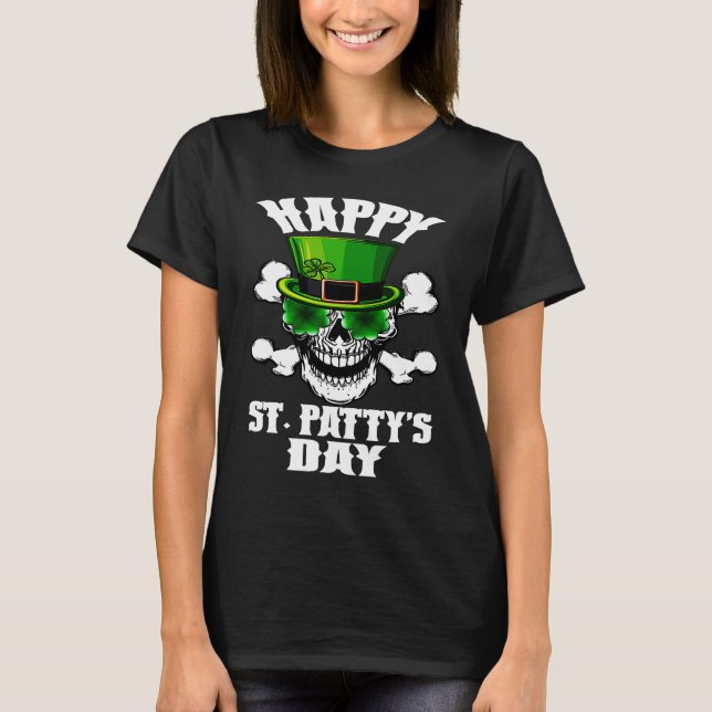Happy St Patty's Day St Patricks Sugar Skull Lepre T-Shirt (Front)