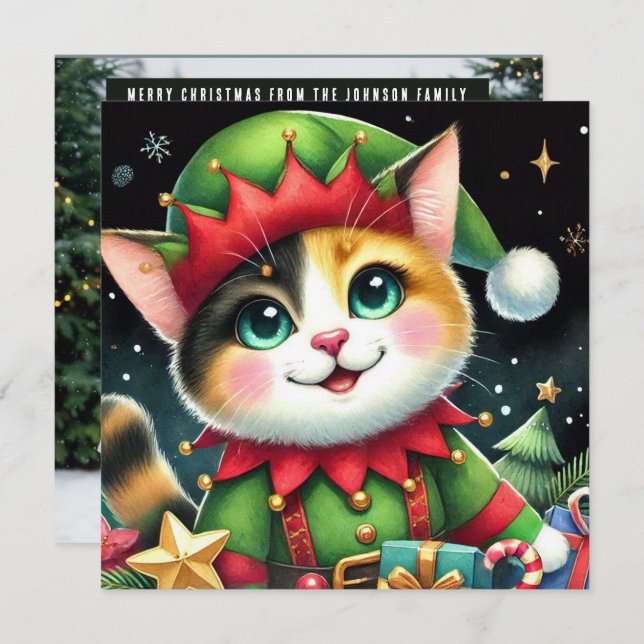 Happy Star Christmas Cute calico cat Elf Holiday Card (Front/Back)