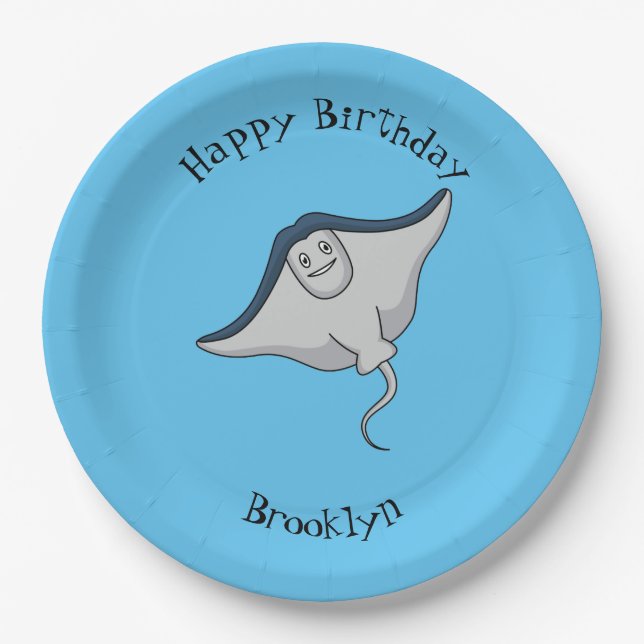 Happy stingray fish cartoon illustration paper plate (Front)