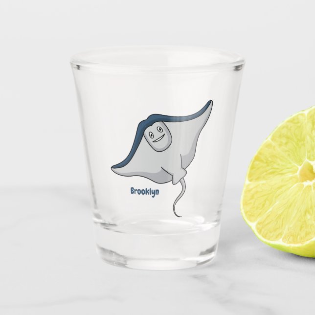 Happy stingray fish cartoon illustration shot glass (Front)