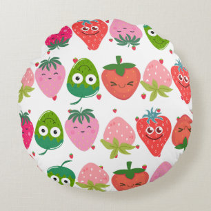 Happy strawberries smiling Cute colorful fruits Round Cushion