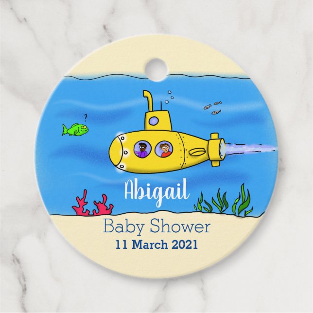 Happy submarine cartoon favour tags (Front)