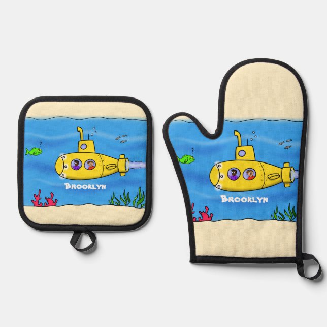 Happy submarine cartoon oven mitt & pot holder set (Front)