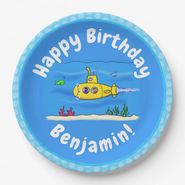 Happy submarine cartoon paper plate (Front)