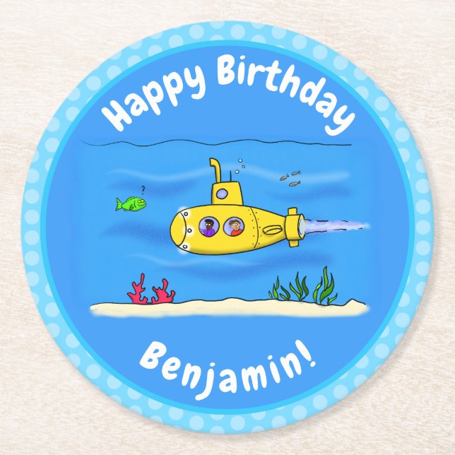 Happy submarine cartoon round paper coaster (Front)