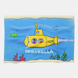 Happy submarine cartoon tea towel