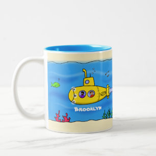 Happy submarine cartoon Two-Tone coffee mug