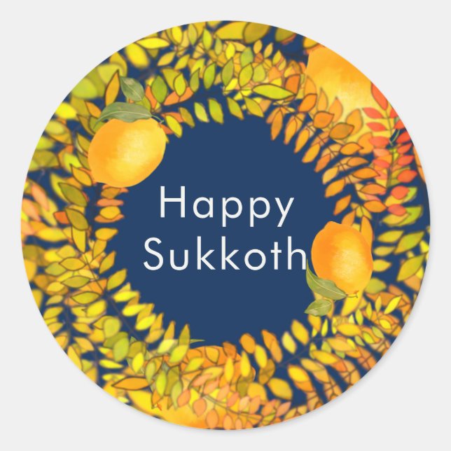 Happy Sukkot  emons and leaves wreath blue Classic Round Sticker (Front)