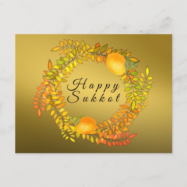 Happy Sukkot faux gold  lemons and leaves wreath Postcard (Front)