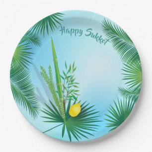 Happy Sukkot Lulav and Etrog Watercolor Pattern Paper Plate