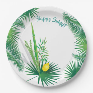 Happy Sukkot Lulav and Etrog Watercolor Pattern Paper Plate