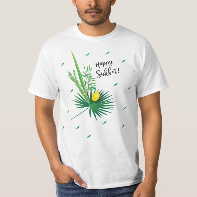 Happy Sukkot Lulav and Etrog Watercolor Pattern T-Shirt (Front)