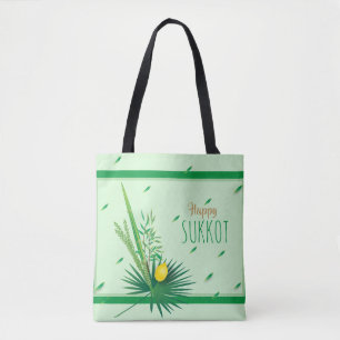 Happy Sukkot Lulav and Etrog Watercolor Pattern Tote Bag