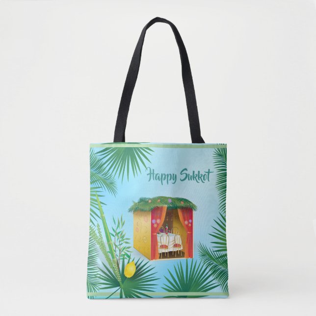 Happy Sukkot Lulav and Etrog Watercolor Pattern Tote Bag (Front)