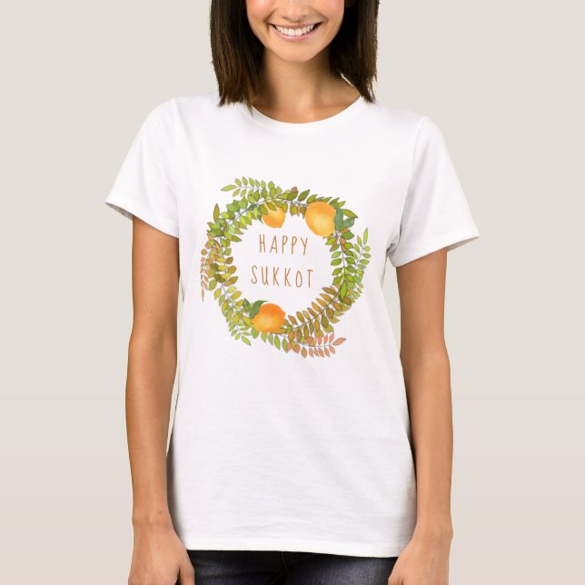 Happy Sukkoth lemons willow and leaf wreath T-Shirt (Front)