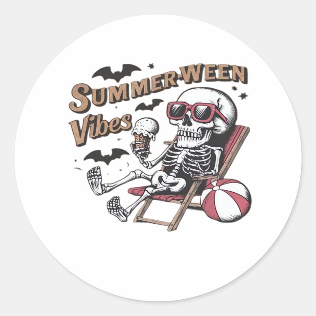 Happy Sumerween Vibes Skeleton Ice Cream Summer Ha Classic Round Sticker (Front)