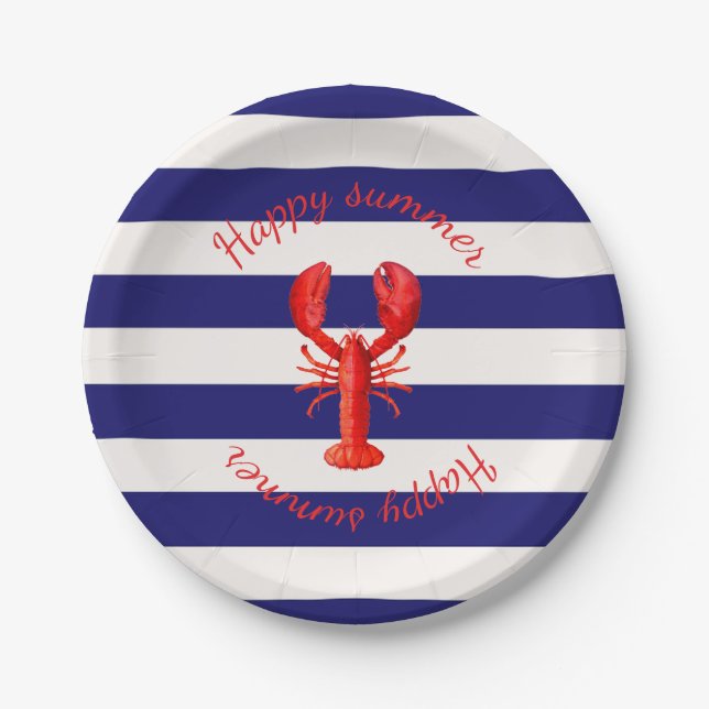 Happy summer blue white stripes red lobster paper plate (Front)