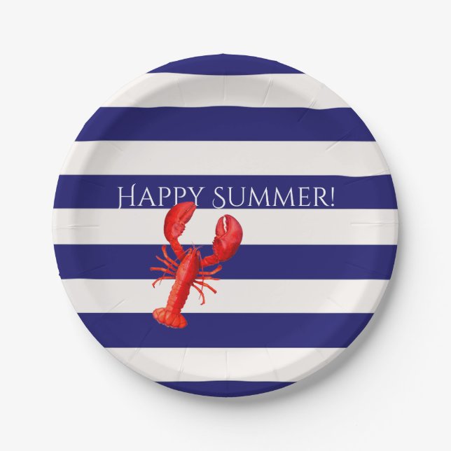 Happy summer  blue white stripes red lobster paper plate (Front)