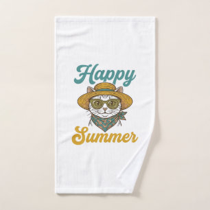 Happy Summer Cat Vintage Engraving Shirt Design_1 Hand Towel