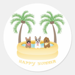 Happy Summer Dogs Swimming Pool Classic Round Sticker