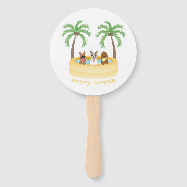Happy Summer Dogs Swimming Pool Hand Fan (Front)