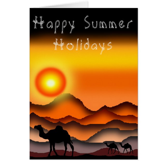 Happy Summer Holidays Card Camels At Sunset Desert (Front)