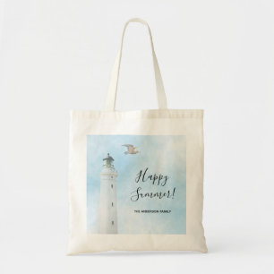 Happy Summer lighthouse nautical ocean sea Tote Bag