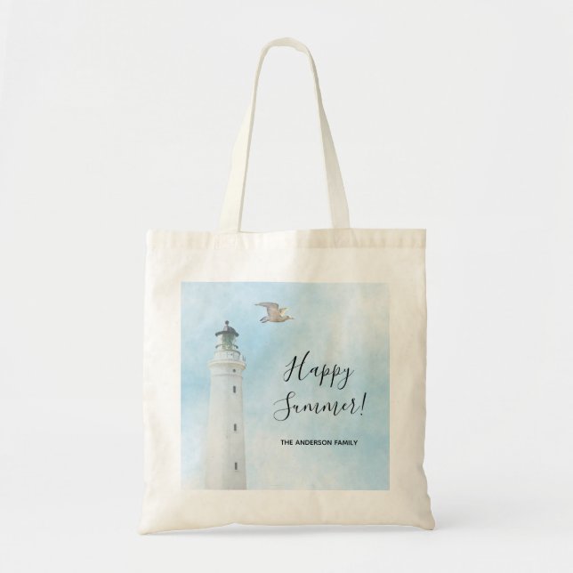 Happy Summer lighthouse nautical ocean sea Tote Bag (Front)
