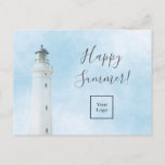 Happy Summer lighthouse nautical sea logo Postcard<br><div class="desc">Nautical,  coastal beach theme. A light blue sky as background and a white lighthouse as decoration. 
On front: Modern,   trendy hand lettered script and the text: Happy Summer! Template for your logo.
Back: your logo and template for your text.</div>