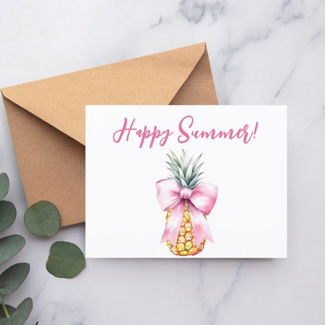 Happy Summer pink bow pineapple tropical Invitation Postcard (Creator Uploaded)