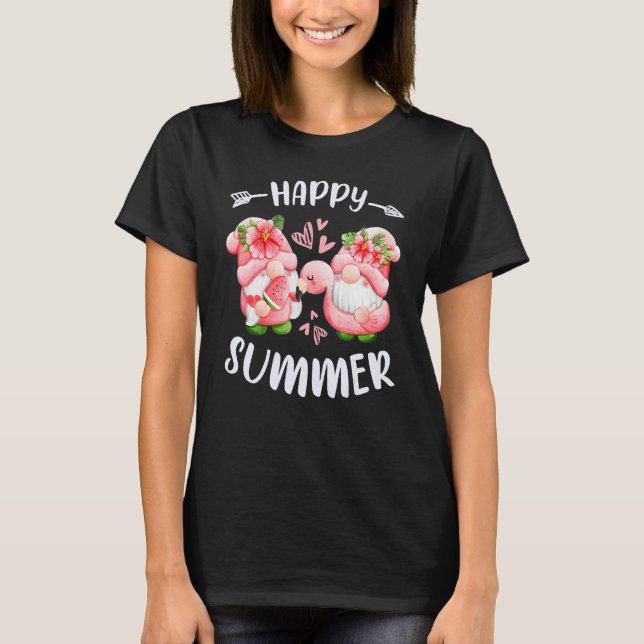 Happy summer pink gnomes with flamingo swim ring T-Shirt (Front)