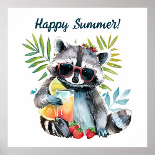 Happy summer racoon beach chillout poster