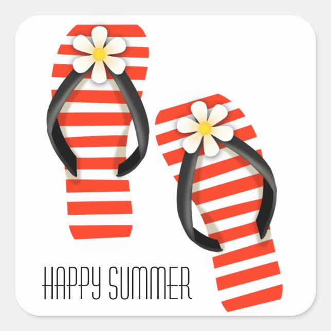 Happy Summer red and white striped flip-flops Square Sticker (Front)