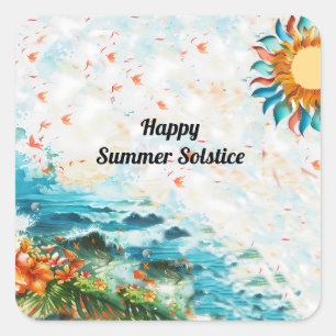 Happy Summer Solstice Sun Flowers Sea Square Sticker
