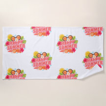 Happy Summer Sun & Seashells Colourful Beach Towel