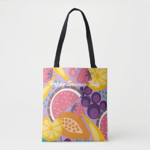 Happy summer time colourful fruit pattern purple tote bag