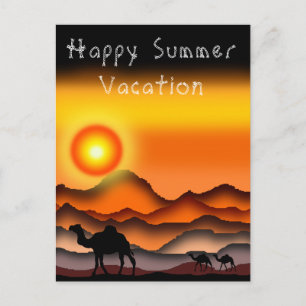 Happy Summer Vacation Card Camels At Sunset Desert