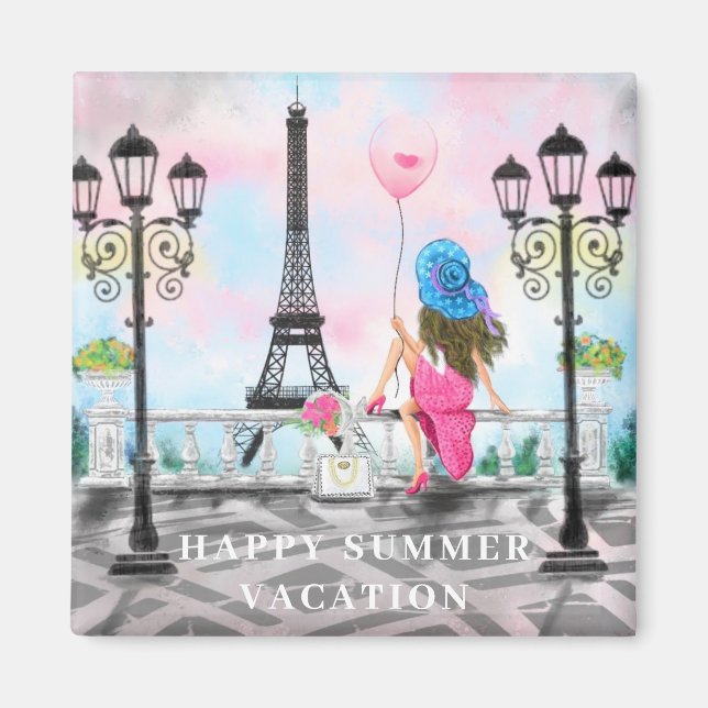 Happy Summer Vacation Woman In Paris Magnet Gift (Front)