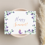 Happy Summer violet florals bluebells white Invitation Postcard<br><div class="desc">A simple and elegant postcard for a summer greeting. An elegant white background decorated with violet,  purple bluebell flowers and a little bird singing.  The text: Happy Summer! is written with a modern hand lettered style script.  Text in violet and golden colours. 
Back: white background.</div>