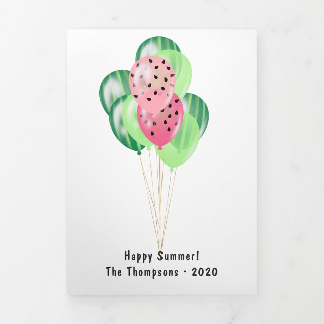 Happy Summer Watermelon Balloons Family Photo Tri-Fold Card (Cover)