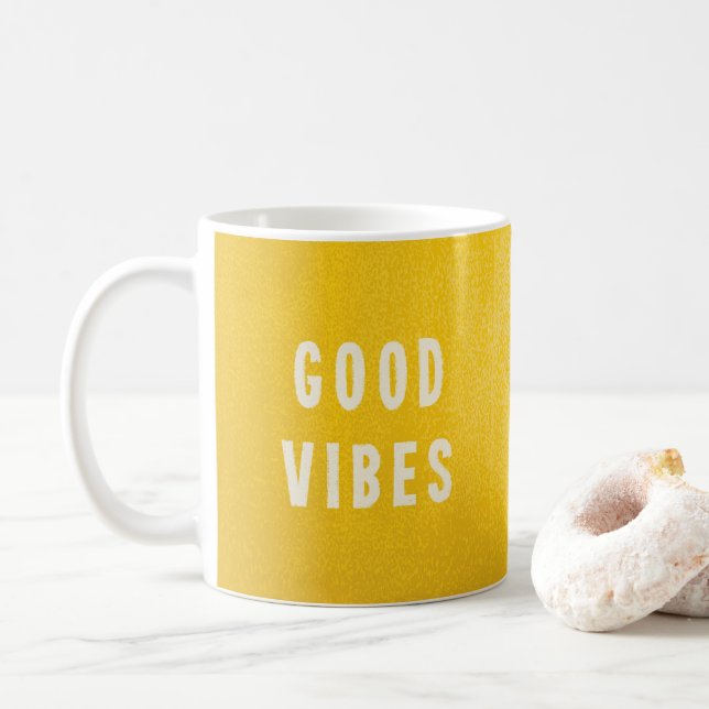 Happy Summer Yellow Good Vibes Typography Coffee Coffee Mug (With Donut)