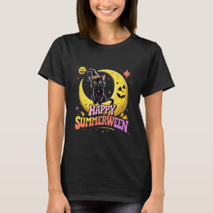 Happy Summerween Black Cat Halloween Beach Vibes T-Shirt