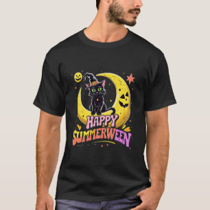 Happy Summerween Black Cat Halloween Beach Vibes T-Shirt
