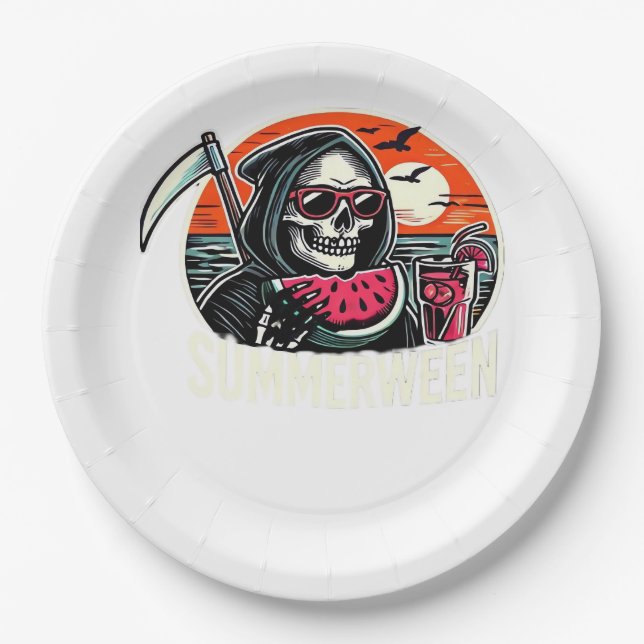 Happy Summerween Grim Reaper Watermelon Summer Hal Paper Plate (Front)