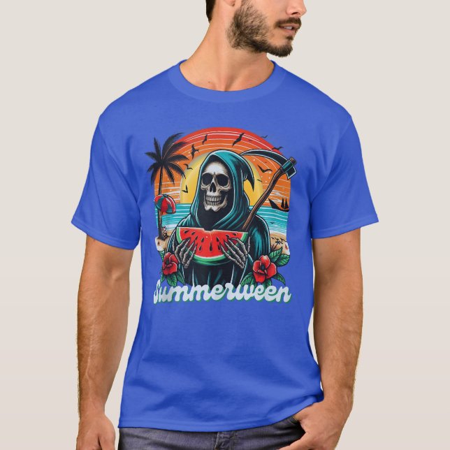 Happy Summerween Grim Reaper Watermelon Summer Hal T-Shirt (Front)