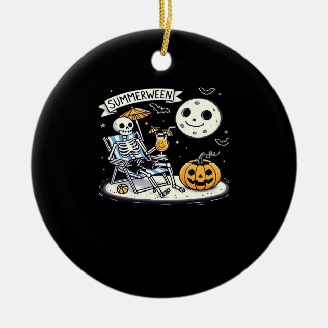 Happy Summerween Skeleton Drink Summer Halloween C Ceramic Tree Decoration (Front)