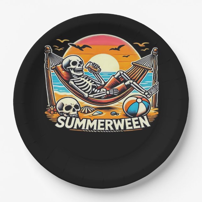 Happy Summerween Skeleton Drink Summer Halloween C Paper Plate (Front)