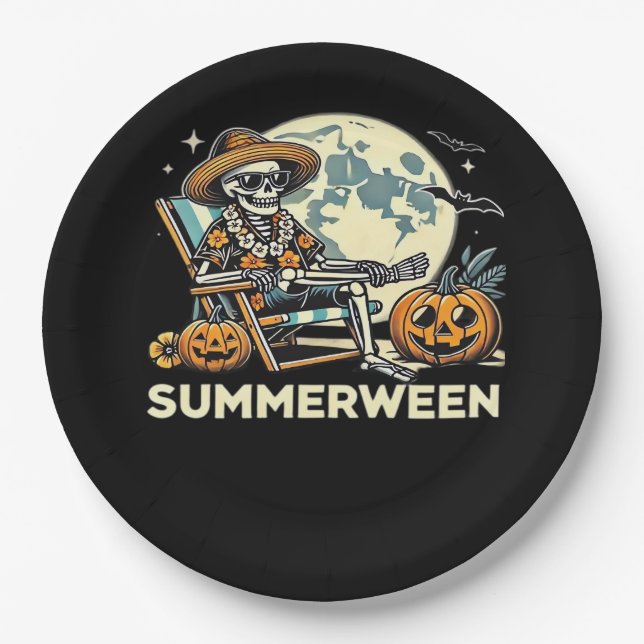 Happy Summerween Skeleton Drink Summer Halloween F Paper Plate (Front)