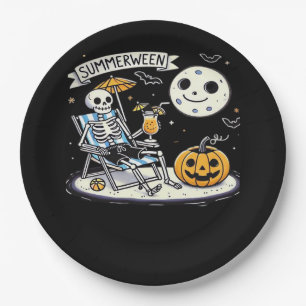 Happy Summerween Skeleton Drink Summer Halloween M Paper Plate